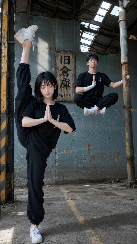 Within a tall industrial hall, black-clad figures hold elevated martial arts poses.