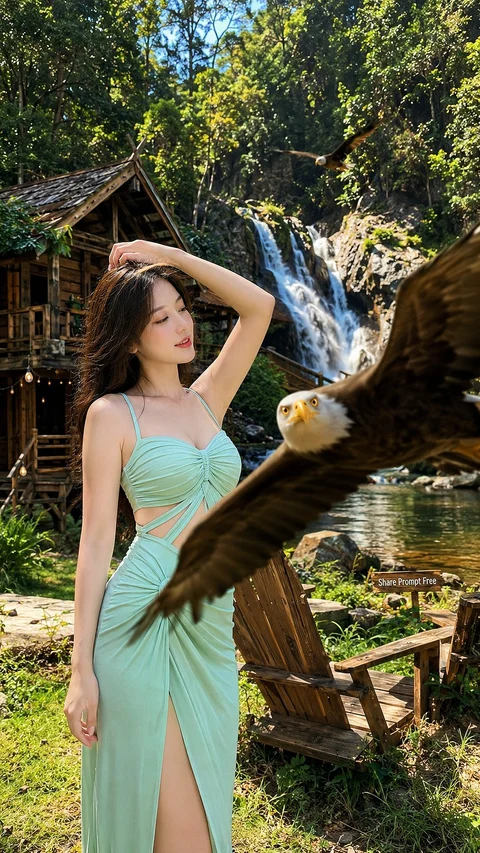 A woman in a flowing mint dress poses beside a large bird in a lush wooded setting.