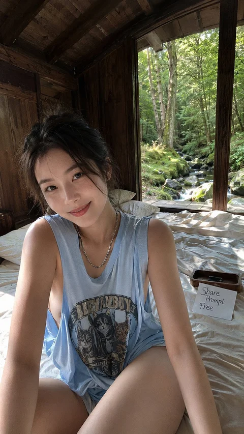 A woman in a loose blue graphic tank top leans forward inside a wooden cabin overlooking trees.