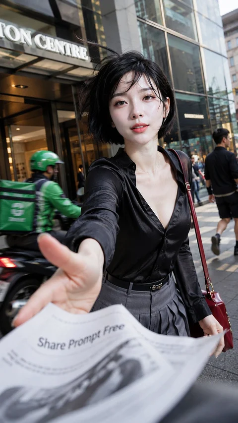 A short-haired woman in dark clothing reaches forward with a printed sheet outside a busy shopping-center entrance.