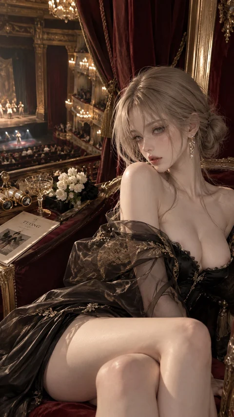 A blonde woman in a dark off-shoulder dress sits in an ornate, warmly lit room.
