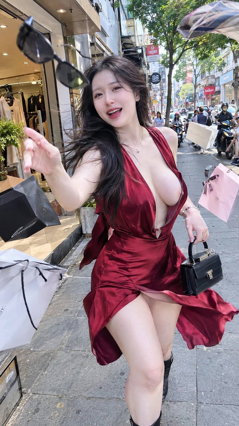 A woman in a short red dress smiles and gestures while walking along a sunny shopping street.