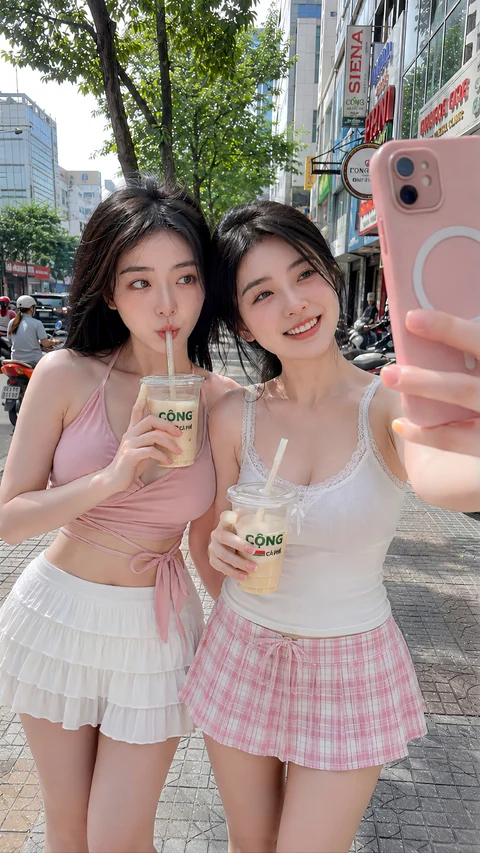 Two women pose together on a city street in light tops and short skirts, holding drinks and a pink phone.