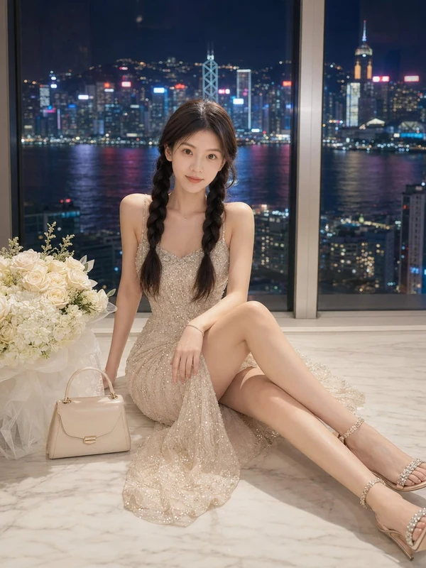 Ivory evening dress against a bright city skyline
