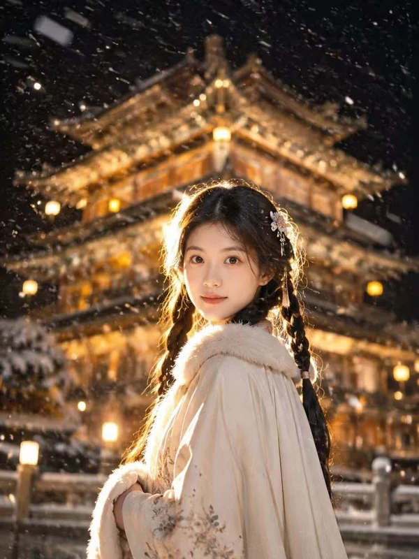 Warm winter portrait outside a traditional building