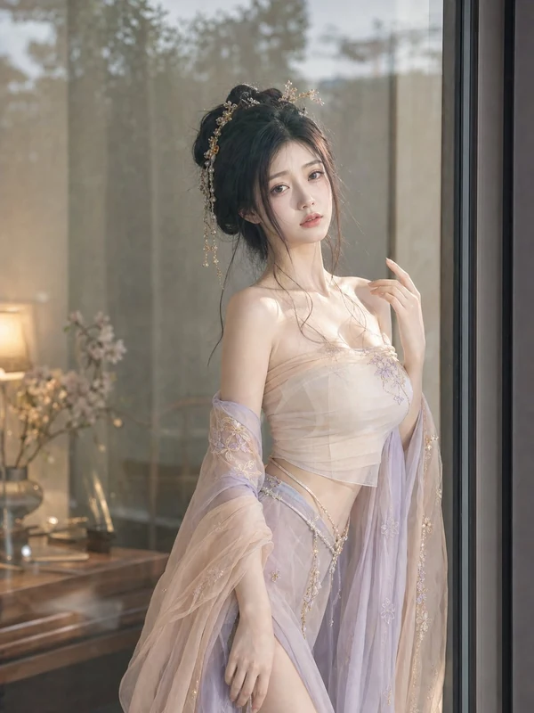 Pale lilac gown beside a historic window