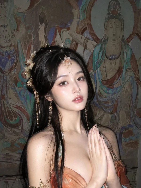 Traditional jeweled styling against a painted backdrop