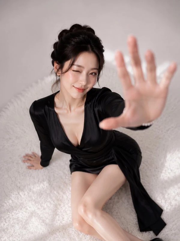 Black satin dress in a minimalist studio